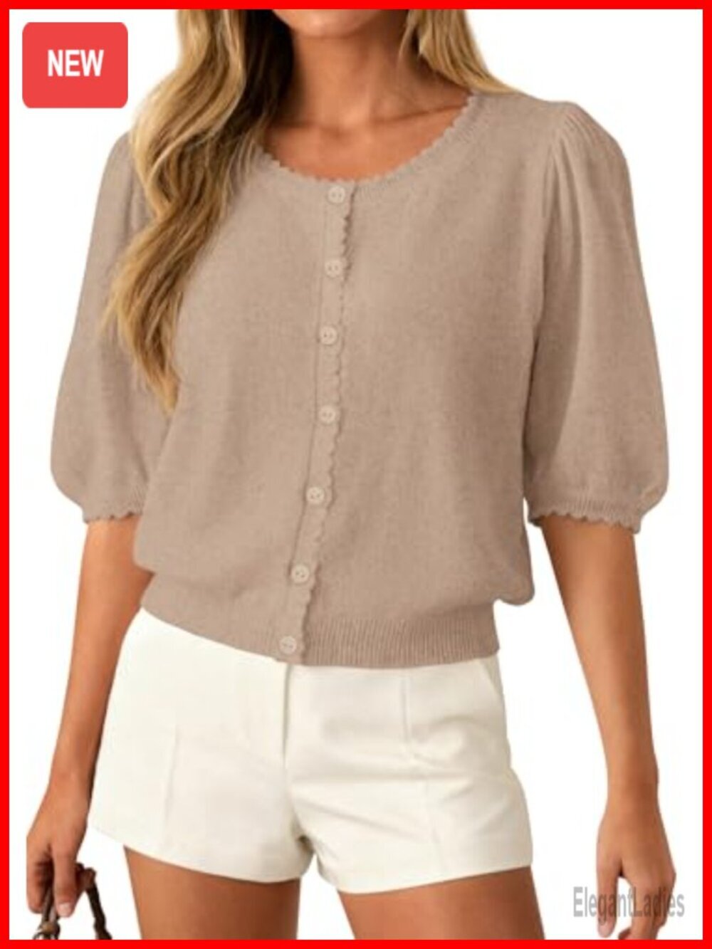 Short Sleeve Knit Cardigan with Scalloped Edges, Button Up, Comfortable
